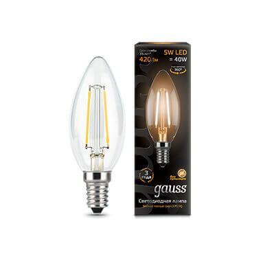Лампа светодиодная филаментная Gauss E14 5W 2700К прозрачная 103801105 Лампа светодиодная филаментная Gauss E14 5W 2700К прозрачная 103801105