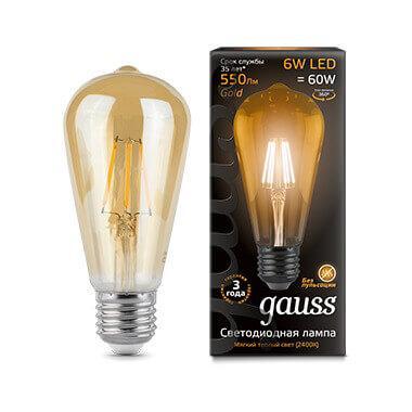 Лампа светодиодная филаментная Gauss E27 6W 2400К золотая 102802006 Лампа светодиодная филаментная Gauss E27 6W 2400К золотая 102802006