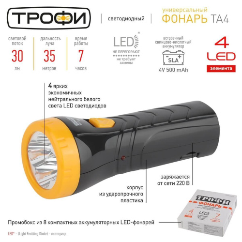 Ручной светодиодный фонарь ЭРА Трофи аккумуляторный 138х55 30 лм TA4-box8 Б0004985 Ручной светодиодный фонарь ЭРА Трофи аккумуляторный 138х55 30 лм TA4-box8 Б0004985