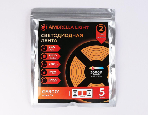 Светодиодная лента Ambrella Light 6W/m 60LED/m 2835SMD теплый белый 5M GS3001 Светодиодная лента Ambrella Light 6W/m 60LED/m 2835SMD теплый белый 5M GS3001