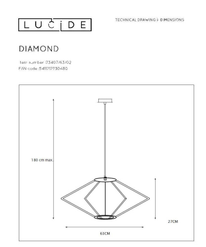 Подвесной светильник Lucide Diamond 73407/63/02 Подвесной светильник Lucide Diamond 73407/63/02