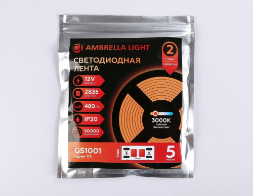 Светодиодная лента Ambrella Light 4,8W/m 60LED/m 2835SMD теплый белый 5M GS1001 Светодиодная лента Ambrella Light 4,8W/m 60LED/m 2835SMD теплый белый 5M GS1001