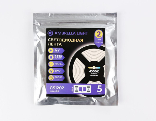 Светодиодная влагозащищенная лента Ambrella Light 9,6W/m 120LED/m 2835SMD дневной белый 5M GS1202 Светодиодная влагозащищенная лента Ambrella Light 9,6W/m 120LED/m 2835SMD дневной белый 5M GS1202