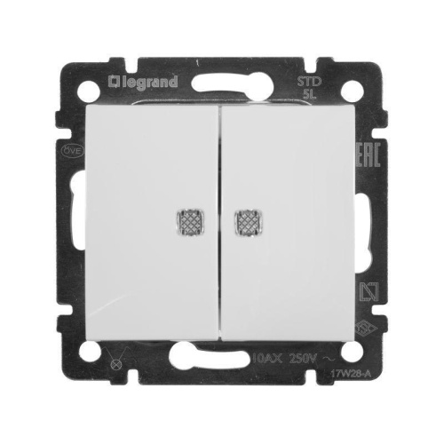 Переключатель двухклавишный Legrand Valena 10A 250V с подсветкой белый 774428 Переключатель двухклавишный Legrand Valena 10A 250V с подсветкой белый 774428