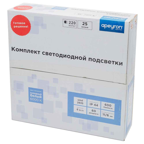 Светодиодная влагозащищенная лента Apeyron 6W/m 60LED/m 2835SMD холодный белый 25M 10-53