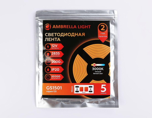 Светодиодная лента Ambrella Light 19,2W/m 240LED/m 2835SMD теплый белый 5M GS1501 Светодиодная лента Ambrella Light 19,2W/m 240LED/m 2835SMD теплый белый 5M GS1501