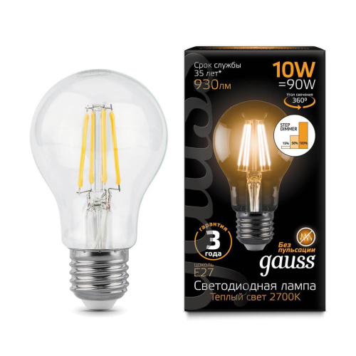 Лампа светодиодная филаментная диммируемая Gauss E27 10W 2700K прозрачная 102802110-S Лампа светодиодная филаментная диммируемая Gauss E27 10W 2700K прозрачная 102802110-S