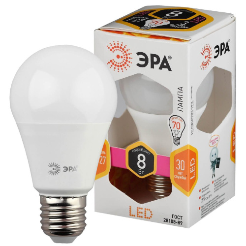 Лампа светодиодная ЭРА E27 8W 2700K матовая ECO LED A60-8W-827-E27 Лампа светодиодная ЭРА E27 8W 2700K матовая ECO LED A60-8W-827-E27