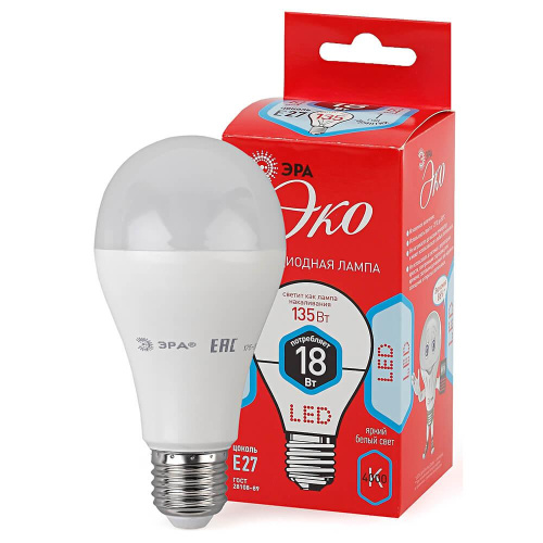 Лампа светодиодная ЭРА E27 18W 4000K матовая ECO LED A65-18W-840-E27 Б0031708 Лампа светодиодная ЭРА E27 18W 4000K матовая ECO LED A65-18W-840-E27 Б0031708