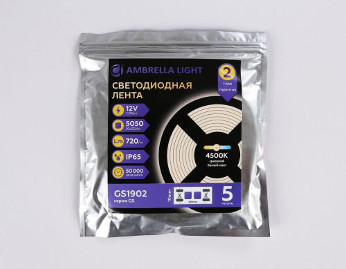 Светодиодная влагозащищенная лента Ambrella Light 7,2W/m 30LED/m 5050SMD дневной белый 5M GS1902 Светодиодная влагозащищенная лента Ambrella Light 7,2W/m 30LED/m 5050SMD дневной белый 5M GS1902