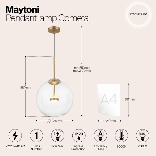 Подвесной светодиодный светильник Maytoni Cometa MOD056PL-L12G3K Подвесной светодиодный светильник Maytoni Cometa MOD056PL-L12G3K