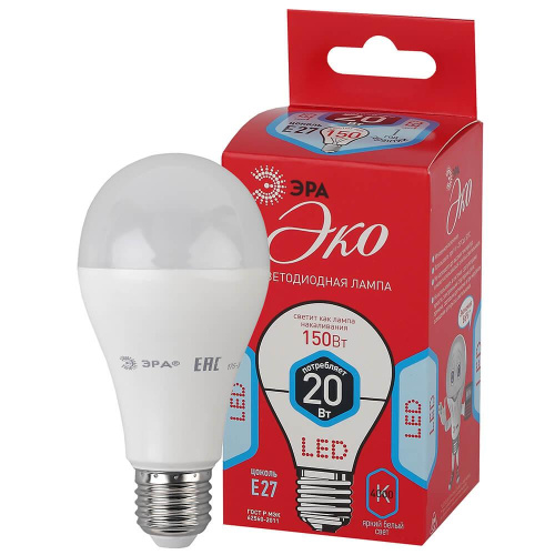 Лампа светодиодная ЭРА E27 20W 4000K матовая ECO LED A65-20W-840-E27 Б0031710 Лампа светодиодная ЭРА E27 20W 4000K матовая ECO LED A65-20W-840-E27 Б0031710