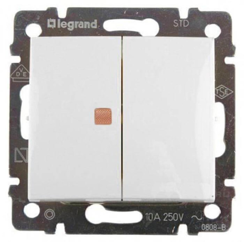 Переключатель двухклавишный Legrand Valena 10A 250V с подсветкой белый 774445 Переключатель двухклавишный Legrand Valena 10A 250V с подсветкой белый 774445