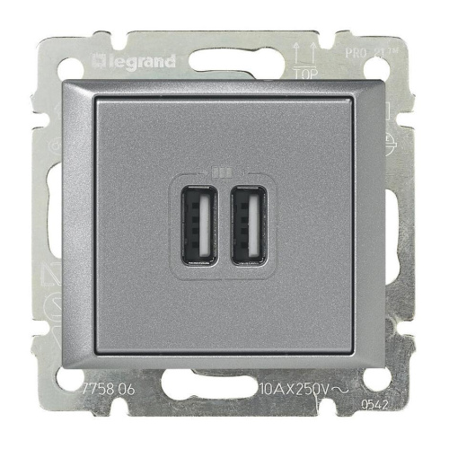 Розетка USB двойная Legrand Valena 240V/5V 2400mA алюминий 770270 Розетка USB двойная Legrand Valena 240V/5V 2400mA алюминий 770270