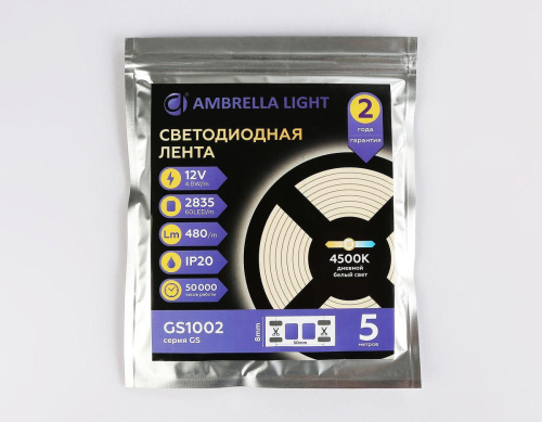 Светодиодная лента Ambrella Light 4,8W/m 60LED/m 2835SMD дневной белый 5M GS1002 Светодиодная лента Ambrella Light 4,8W/m 60LED/m 2835SMD дневной белый 5M GS1002