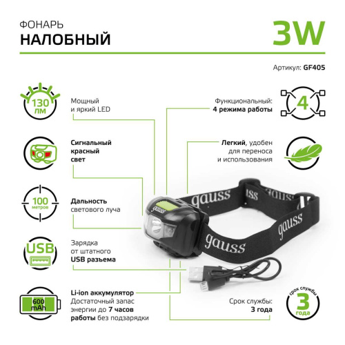 Налобный светодиодный фонарь Gauss аккумуляторный 40х60 130 лм GF405 Налобный светодиодный фонарь Gauss аккумуляторный 40х60 130 лм GF405