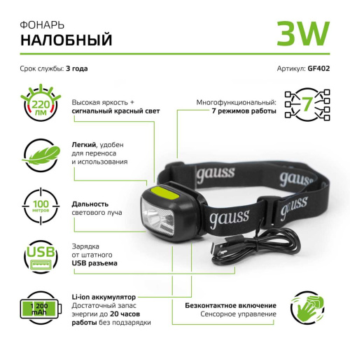 Налобный светодиодный фонарь Gauss аккумуляторный 40х60 220 лм GF402 Налобный светодиодный фонарь Gauss аккумуляторный 40х60 220 лм GF402