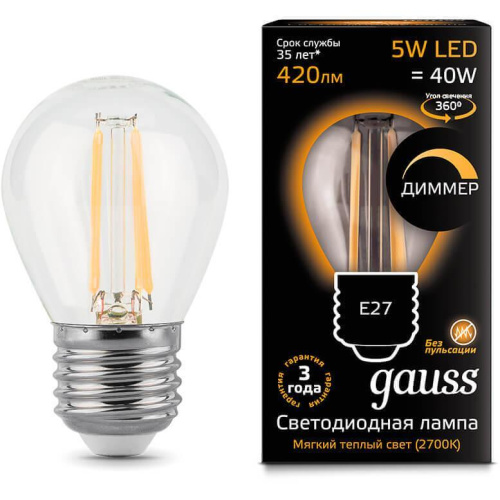 Лампа светодиодная диммируемая Gauss филаментная E27 5W 2700К прозрачная 105802105-D Лампа светодиодная диммируемая Gauss филаментная E27 5W 2700К прозрачная 105802105-D
