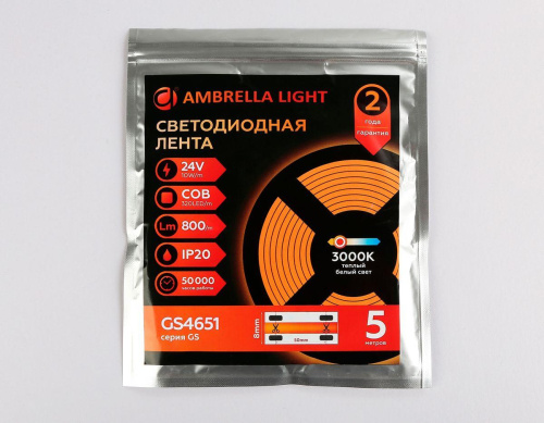 Светодиодная лента Ambrella Light 10W/m 320LED/m COB теплый белый 5M GS4651 Светодиодная лента Ambrella Light 10W/m 320LED/m COB теплый белый 5M GS4651