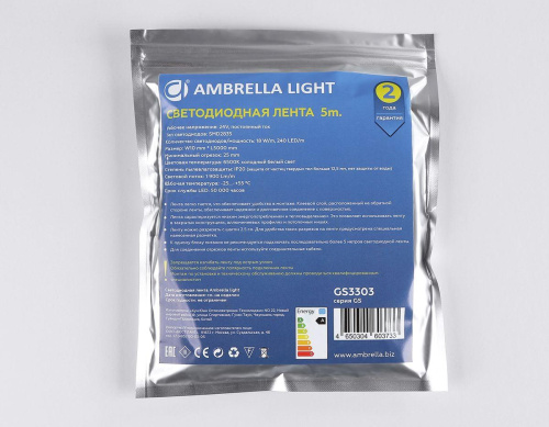 Светодиодная лента Ambrella Light 18W/m 240LED/m 2835SMD холодный белый 5M GS3303 Светодиодная лента Ambrella Light 18W/m 240LED/m 2835SMD холодный белый 5M GS3303