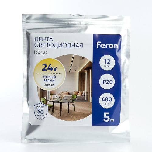 Светодиодная лента Feron 12W/m 480LED/m 2110SMD теплый белый 5M LS530 48270