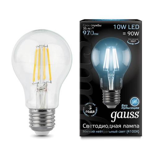 Лампа светодиодная филаментная Gauss E27 10W 4100К прозрачная 102802210 Лампа светодиодная филаментная Gauss E27 10W 4100К прозрачная 102802210