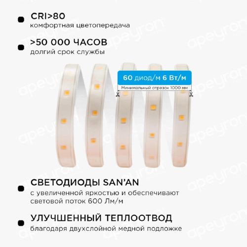 Светодиодная влагозащищенная лента Apeyron 6W/m 60LED/m 2835SMD теплый белый 25M 10-56 Светодиодная влагозащищенная лента Apeyron 6W/m 60LED/m 2835SMD теплый белый 25M 10-56
