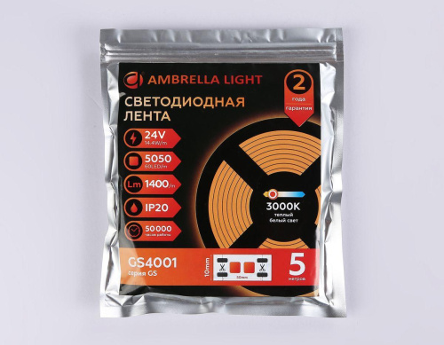 Светодиодная лента Ambrella Light 14,4W/m 60LED/m 5050SMD теплый белый 5M GS4001 Светодиодная лента Ambrella Light 14,4W/m 60LED/m 5050SMD теплый белый 5M GS4001