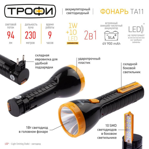 Ручной светодиодный фонарь ЭРА Трофи аккумуляторный 200х41 94 лм TA11 Б0010038 Ручной светодиодный фонарь ЭРА Трофи аккумуляторный 200х41 94 лм TA11 Б0010038