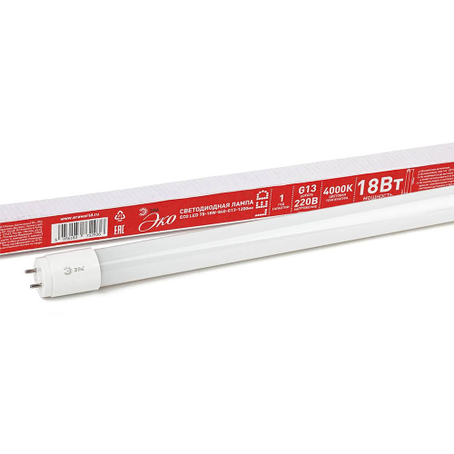 Лампа светодиодная ЭРА G13 18W 4000K матовая ECO LED T8-18W-840-G13-1200mm Б0032976 Лампа светодиодная ЭРА G13 18W 4000K матовая ECO LED T8-18W-840-G13-1200mm Б0032976