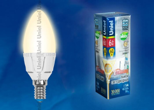 Лампа светодиодная диммируемая Uniel E14 6W 3000K матовая LED-C37-6W/WW/E14/FR/DIM PLP01WH UL-00000690
