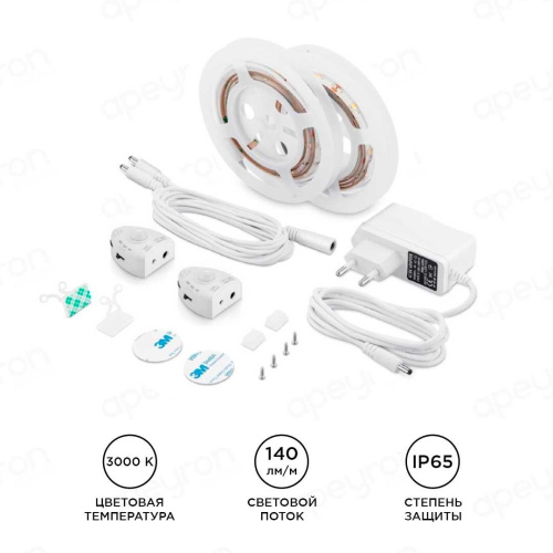 Светодиодная влагозащищенная лента Apeyron 2,4W/m 30LED/m 2835SMD теплый белый 2х1,2M 10-90 Светодиодная влагозащищенная лента Apeyron 2,4W/m 30LED/m 2835SMD теплый белый 2х1,2M 10-90
