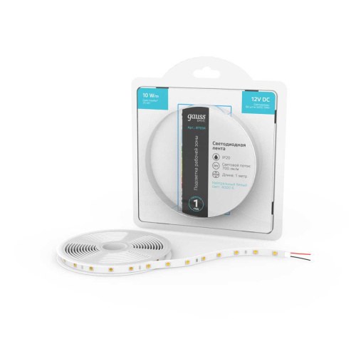 Светодиодная лента Gauss 10W/m 60LED/m 5050SMD нейтральный белый 1M BT034 Светодиодная лента Gauss 10W/m 60LED/m 5050SMD нейтральный белый 1M BT034