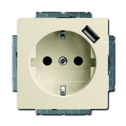 Розетка ABB Basic55 Schuko с/з 16A 250V со шторками USB безвинтовой зажим слоновая кость 2CKA002011A6192