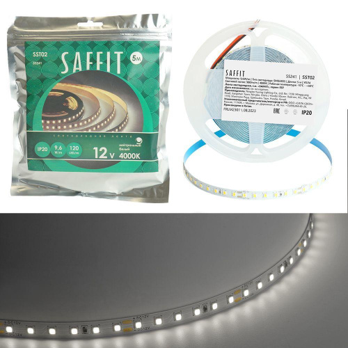 Светодиодная лента Saffit 9,6W/m 120LED/m 2835SMD дневной белый 5М SST02 55241 Светодиодная лента Saffit 9,6W/m 120LED/m 2835SMD дневной белый 5М SST02 55241