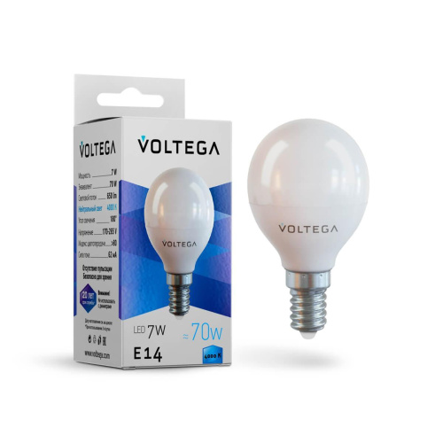 Лампа светодиодная Voltega E14 7W 4000К матовая VG2-G45E14cold7W 7055 Лампа светодиодная Voltega E14 7W 4000К матовая VG2-G45E14cold7W 7055