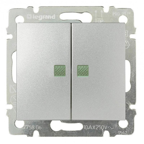 Переключатель двухклавишный на 2 направления Legrand Valena 10A 250V с подсветкой алюминий 770212 Переключатель двухклавишный на 2 направления Legrand Valena 10A 250V с подсветкой алюминий 770212