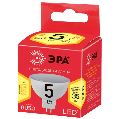 Лампа светодиодная ЭРА GU5.3 5W 2700K матовая ECO LED MR16-5W-827-GU5.3 Б0019060 Лампа светодиодная ЭРА GU5.3 5W 2700K матовая ECO LED MR16-5W-827-GU5.3 Б0019060
