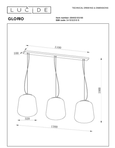 Подвесной светильник Lucide Glorio 25402/03/65 Подвесной светильник Lucide Glorio 25402/03/65