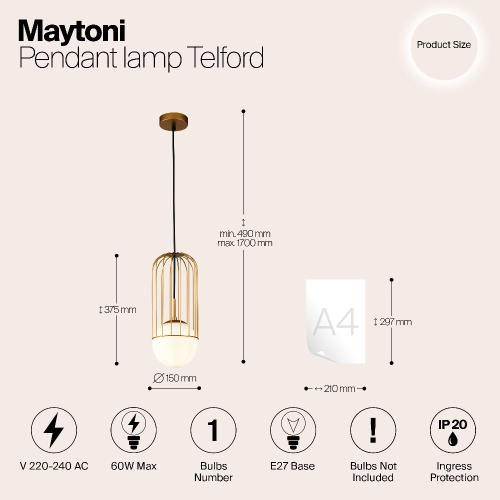 Подвесной светильник Maytoni Telford P362PL-01G Подвесной светильник Maytoni Telford P362PL-01G