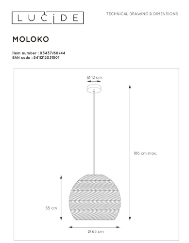 Подвесной светильник Lucide Moloko 03437/60/44 Подвесной светильник Lucide Moloko 03437/60/44