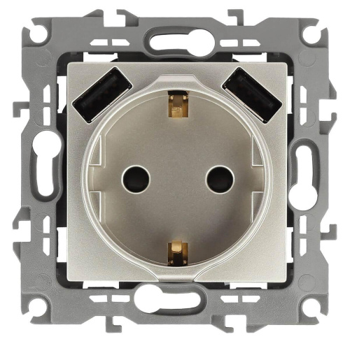 Розетка ЭРА Intro Solo Schuko P+E 16A 250V со шторками 2хUSB шампань 12-4109-04 Б0047843 Розетка ЭРА Intro Solo Schuko P+E 16A 250V со шторками 2хUSB шампань 12-4109-04 Б0047843
