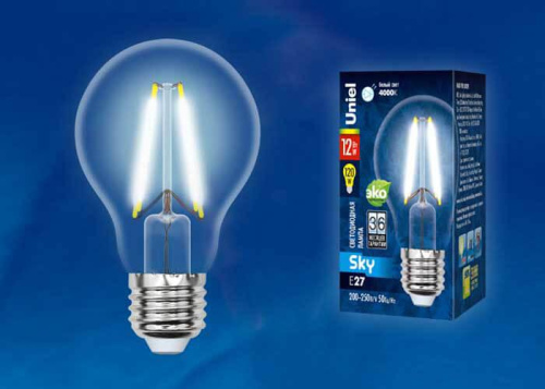 Лампа светодиодная филаментная (UL-00004867) Uniel E27 12W 4000K прозрачная LED-A60-12W/4000K/E27/CL PLS02WH Лампа светодиодная филаментная (UL-00004867) Uniel E27 12W 4000K прозрачная LED-A60-12W/4000K/E27/CL PLS02WH