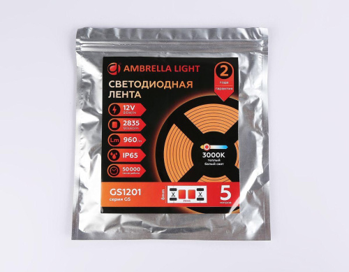 Светодиодная влагозащищенная лента Ambrella Light 9,6W/m 120LED/m 2835SMD теплый белый 5M GS1201 Светодиодная влагозащищенная лента Ambrella Light 9,6W/m 120LED/m 2835SMD теплый белый 5M GS1201