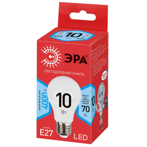 Лампа светодиодная ЭРА E27 10W 4000K матовая ECO LED A60-10W-840-E27 Б0028005 Лампа светодиодная ЭРА E27 10W 4000K матовая ECO LED A60-10W-840-E27 Б0028005