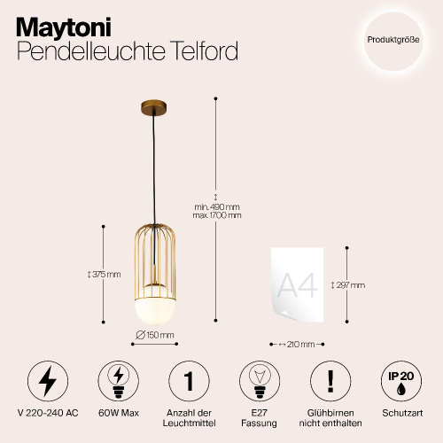 Подвесной светильник Maytoni Telford P362PL-01G Подвесной светильник Maytoni Telford P362PL-01G