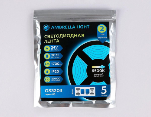 Светодиодная лента Ambrella Light 14,4W/m 180LED/m 2835SMD холодный белый 5M GS3203 Светодиодная лента Ambrella Light 14,4W/m 180LED/m 2835SMD холодный белый 5M GS3203