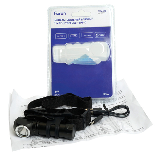 Фонарь налобный Feron TH2313 с аккумулятором 3W 1COB USB IP44, алюминий 51119 Фонарь налобный Feron TH2313 с аккумулятором 3W 1COB USB IP44, алюминий 51119