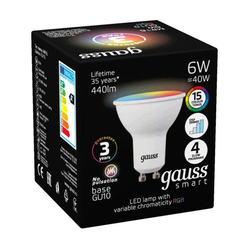 Лампа светодиодная диммируемая Gauss GU10 6W RGBW матовая 101106406 Лампа светодиодная диммируемая Gauss GU10 6W RGBW матовая 101106406