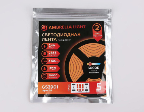Светодиодная лента Ambrella Light 26W/m 324LED/m 2835SMD теплый белый 5M GS3901 Светодиодная лента Ambrella Light 26W/m 324LED/m 2835SMD теплый белый 5M GS3901